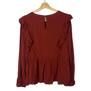 Ann Taylor LOFT Red‎ Currant Ruffle Flounce Long Sleeve Peplum Blouse L thumbnail 2