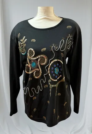 Christina Vintage 80s Beaded Sequin Sweater Black Blue‎ Ramie Cotton thumbnail 1