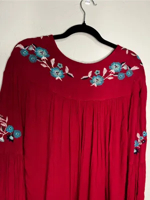 Free People Te‎ Amo Red Blue Floral Embroidered V Neck Babydoll Mini Dress thumbnail 11