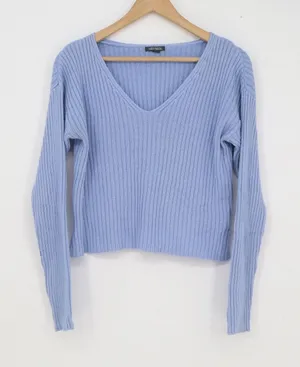 Wild Fable Womens Ribbed V-Neck Sweater Periwinkle Blue Long Sleeve Cropped thumbnail 1