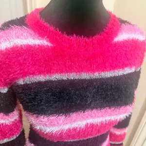 Falls Creek Pink, Black & Metallic Striped Fuzzy Sweater - Junior Size L - NWOT thumbnail 3