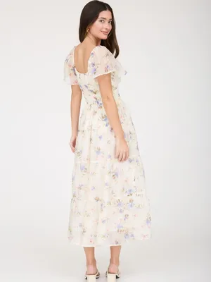 Floral Chiffon Flounce Sleeve Shirred Midi Dress Medium thumbnail 3