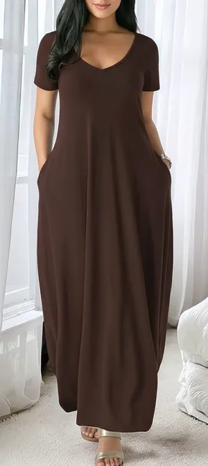 Women's round-Neck Short Sleeve Maxi Dress - Brown thumbnail 1