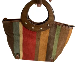 Fossil Multi Colored Striped Leather Trim Wood Handle Satchel Purse thumbnail 5