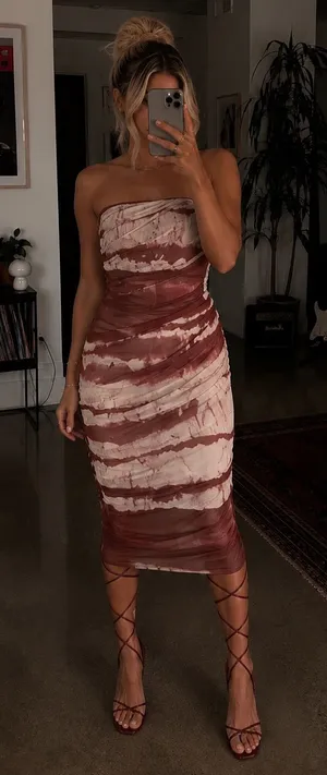 Zara Corset Strapless Ruched Tie Dye Midi Dress Burgundy Womens XS New NWT thumbnail 1