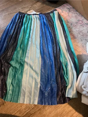 Maeve Anthropologie Sunburst Metallic Blue Pleated Midi Skirt Paneled Patchwork thumbnail 14
