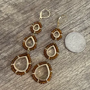 Gold Tone Amber Color Seed Beads 3 Tiered Dangle Earrings Artsy Boho Festival thumbnail 6
