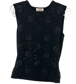 Talbots Black sleeveless silk blend sequin floral knit top S casual office thumbnail 1