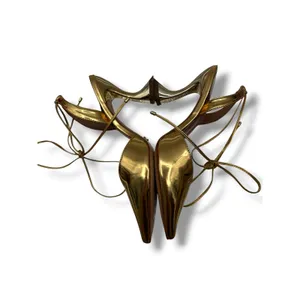 Vicenza Gold Metallic Sculptural Heel Pumps 39‎ Lace Up Pointed Toe Statement thumbnail 4
