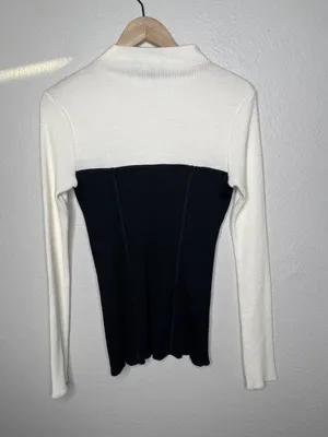 Theory Ribbed Knit Colorblock Bustier Seamtop Sweater Black White Med thumbnail 7