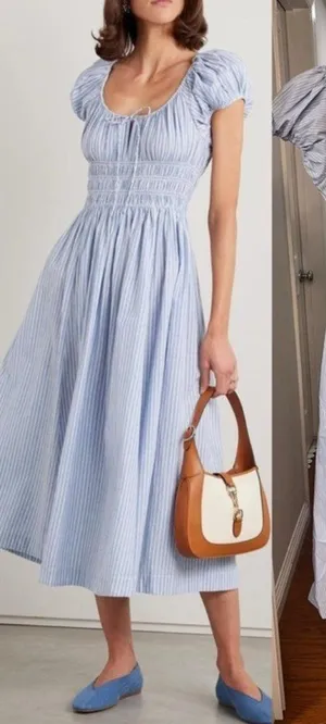 Doen Quinn Tie-Detailed Shirred Striped Organic Cotton-Poplin Midi Dress,Blue,S thumbnail 1