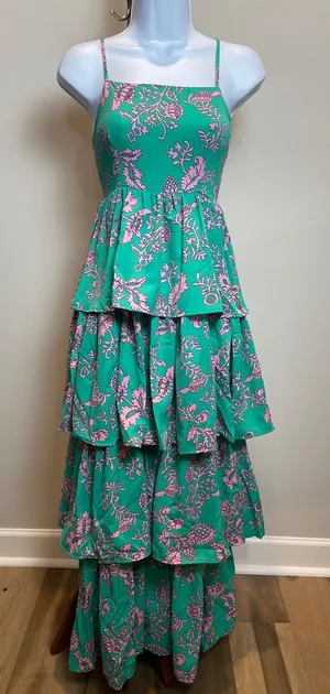 Entro Green Pink Floral Ruffle Dress Size M Square Neck Layered Boutique thumbnail 1