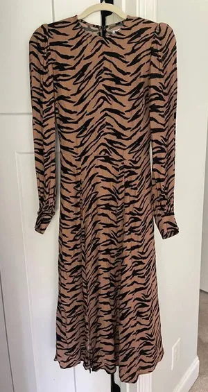 Reformation Brown Creed Button open Back‎ Long Sleeve Slit Dress tiger print thumbnail 1