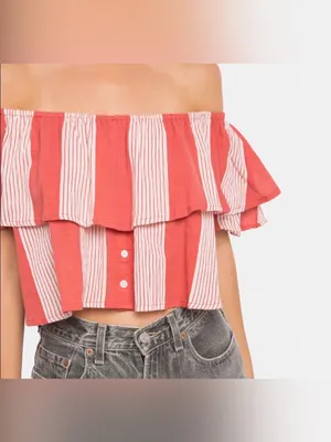 Faithfull the Brand Salerno 100% Cotton Ruffle Sleeve Striped Off Shoulder Top thumbnail 2