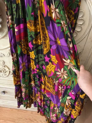 FARM Rio Star Fruit Floral Tiered Maxi Dress in Purple, Green & Yellow Sz Small thumbnail 10