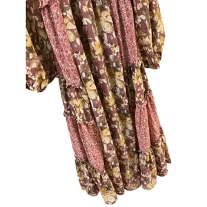 &merci Womens Mixed Floral Tiered Smocked Midi Dress Mauve‎ Rose Mustard Small thumbnail 4