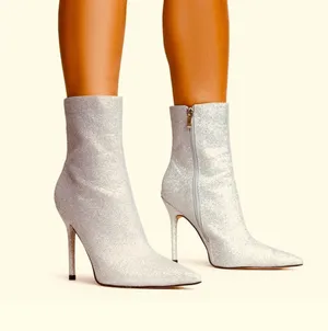 EGO DEVOTED POINTED TOE STILETTO HEEL ANKLE BOOT IN SILVER GLITTER thumbnail 1
