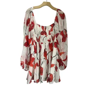 Hutch Bertie‎ Red Poppy Chiffon Mini Dress Square Neck Long Sleeve Size M NWT thumbnail 4