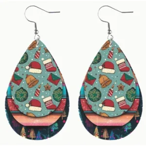 Set of 2 Christmas Teardrop Reversible PU Leather Hook Earrings, New! thumbnail 2
