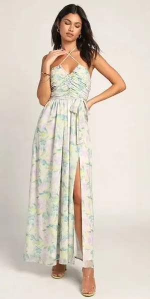 Lulus NWT Effortlessly Abloom Green Multi Floral Ruched Halter Maxi Dress Sz M thumbnail 1