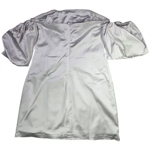 Abercrombie & Fitch Silver Satin Off the‎ Shoulder Puff Sleeve Mini Dress Large thumbnail 3