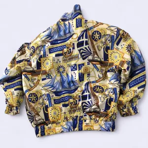 Vintage Retro FUDA International 100% Silk Bomber Jacket Blue Nautical Celestial Astrology Whimsy Whimsigoth Abstract Quirky Size L thumbnail 6