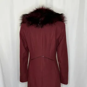 WHBM Burgundy Long Coat Removable Faux Fur Collar White House Black Market XS thumbnail 10