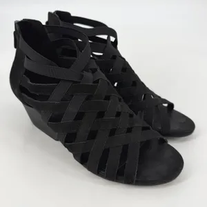 Eileen‎ Fisher Black Leather Strappy Cage Wedge Sandals Womens 8 Zip Back thumbnail 1
