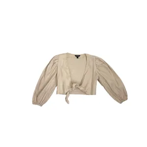 Express Linen Blend Cropped Tie Front Tan Cream Long Puff Sleeve Shirt Size XS thumbnail 2