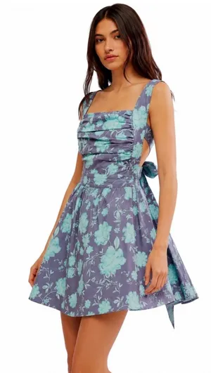 Free‎ People NWOT Meet Me In Maui Floral Mini Dress Teal Gray Ruched L Summer thumbnail 1
