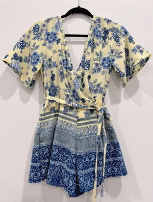 Francesca’s Blue and Yellow Floral Romper Size XS NWT thumbnail 1