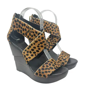 Diane von Furstenberg Opal Wedge Sandals Leopard Leather Calf Hair Brown‎ Size 8 thumbnail 1
