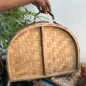 Large Vintage Gingham plaid wooden wicker woven picnic basket handbag duffle suitcase carryon leather handles #cottagecore #fairy #boho #indie thumbnail 3