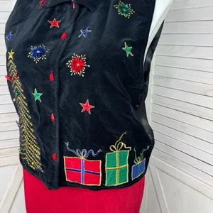 Vintage 90s DressBarn Velvet Embroidered‎ Christmas Button Up Vest Top Black XL thumbnail 5
