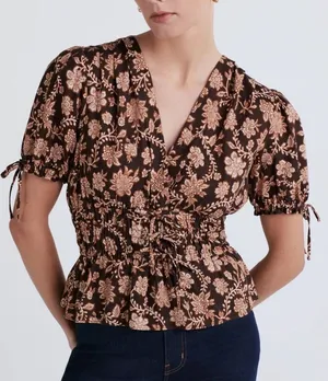 Derek Lam 10 Crosby Rhea Floral Puff-Sleeve V-Neck Top Brown Women’s Size 10 RTR thumbnail 1