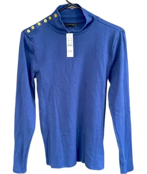 NWT J. Crew Perfect Fit Mock Neck With Gold Buttons Top Blue Size Medium thumbnail 1