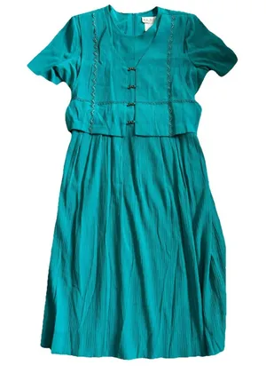 VTG 90s Miss Dorby Teal Dress 16 Career Midi Crinkle Rayon Faux Vest Cottagecore thumbnail 1