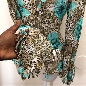 Rare Y2K Belissimo Leopard patchwork fitted shirt top blouse turquoise floral button ruffles boho hippie indie office siren core long sleeve-M thumbnail 4