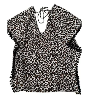 Xhilaration‎ Leopard Print Swim Cover Up Top Pom Pom Trim Back Tie Womens Small thumbnail 1