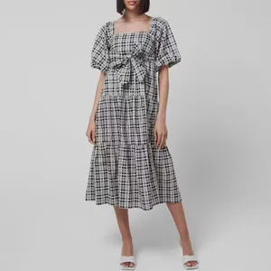 Faithfull the Brand Kiona Checker Print Puff Sleeve Midi Dress Black White M NWT thumbnail 8