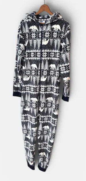 Old Navy Navy White Fleece Hooded Polar Bear Winter Print Pajamas Onesie Large thumbnail 1