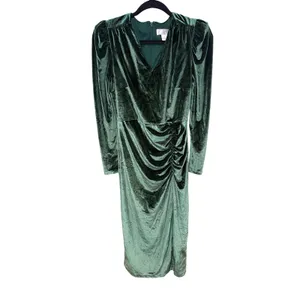 Rachel Parcell Velvet Midi Dress Emerald Green V-Neck Ruched Size Small thumbnail 2