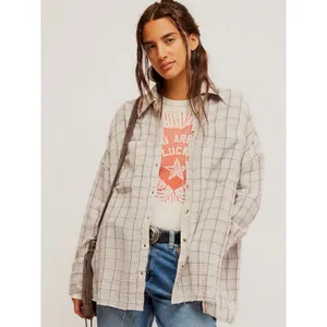 Free People Oversized Bohemian Grunge 90s Fall Cardiff Plaid Top Shirt Large thumbnail 3