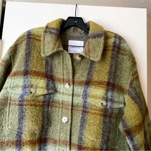 Jacket Ganna Shirt Shacket Fuzzy Wool Plaid Prairie Sage Mint L GUC thumbnail 6