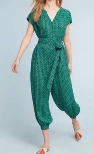 Anthropologie Maeve Geoscope button up tie waist jumpsuit. Green and Navy thumbnail 1