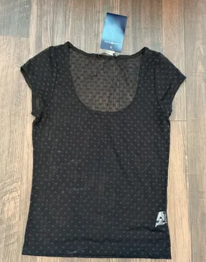 Brandy Melville Heart Pointelle Sheer Mesh Scoop Neck Top Black One Size NWT thumbnail 1