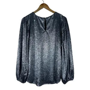 Loft Shimmer Metallic Pleated Blouse Silver Holiday Party Puff Sleeve Size L thumbnail 5