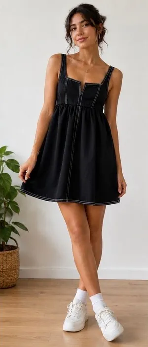 Collusion Black Contrast‎ Stitch Babydoll Mini Dress Square Neck US 2 F103749 thumbnail 1