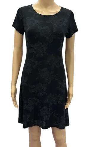 Vintage ESSE Floral Black and Gray Short Sleeve A Line Fit Flare Dress Size M thumbnail 1