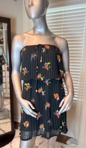 O'Neill Medium Strapless Tropical Bird Print Dress Black Pinstripe Boho Summer thumbnail 1